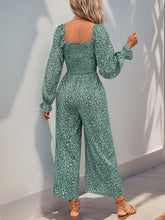 Perfee Smocked Printed Long Sleeve Wide Leg Jumpsuit OutfitFlow